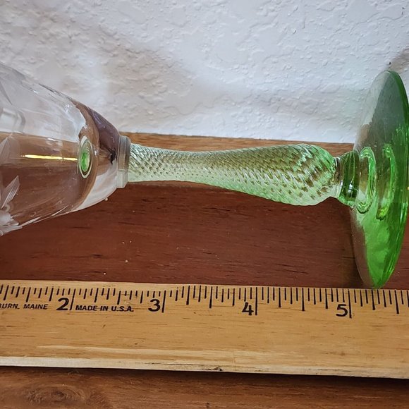 Weston Green Vaseline Stem Floral Stripe Etched Cordial 5.5" Depression Glass - Picture 11 of 12